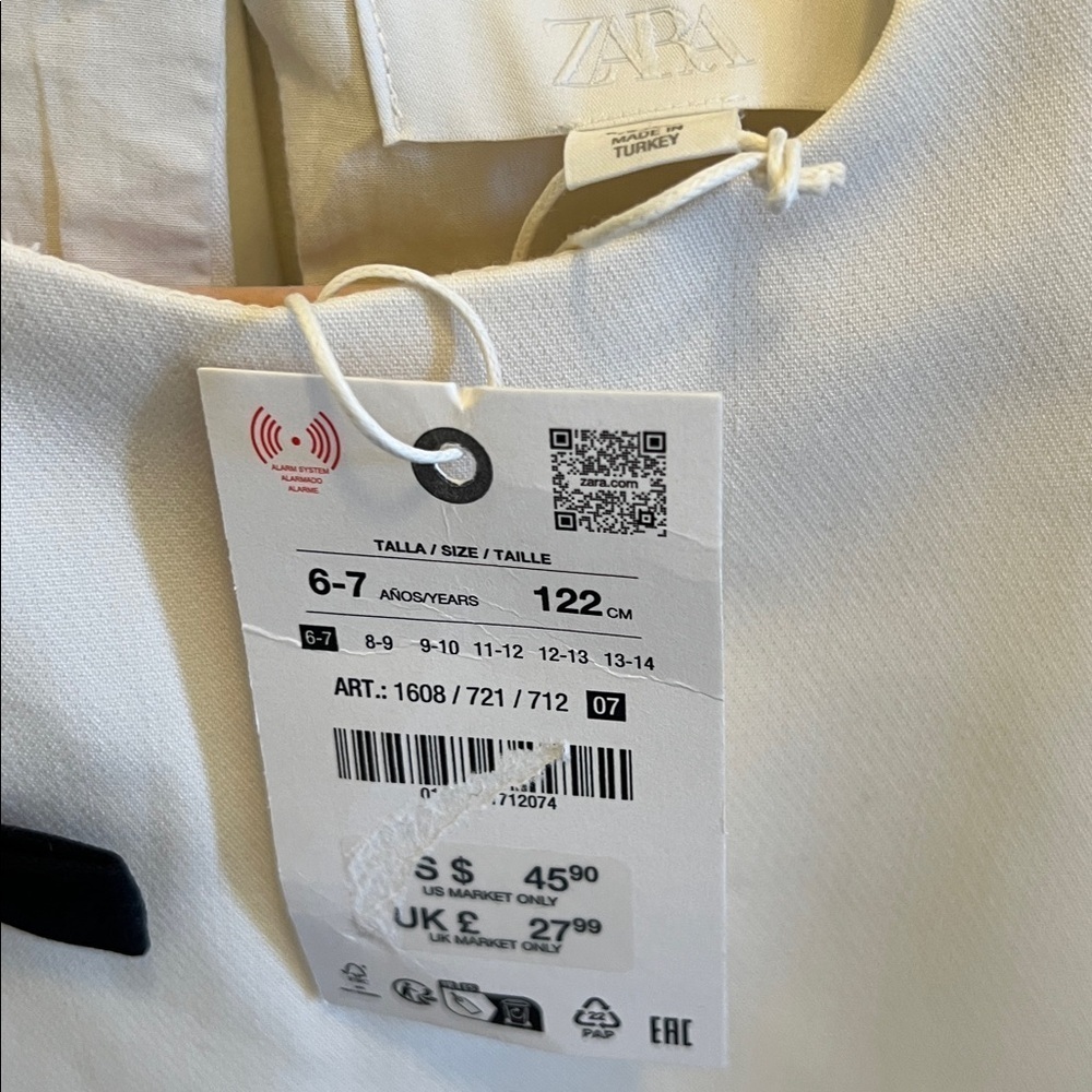 Zara Girls White Dress with Black Accents Childs 6-7 NWT - Picture 5 of 5